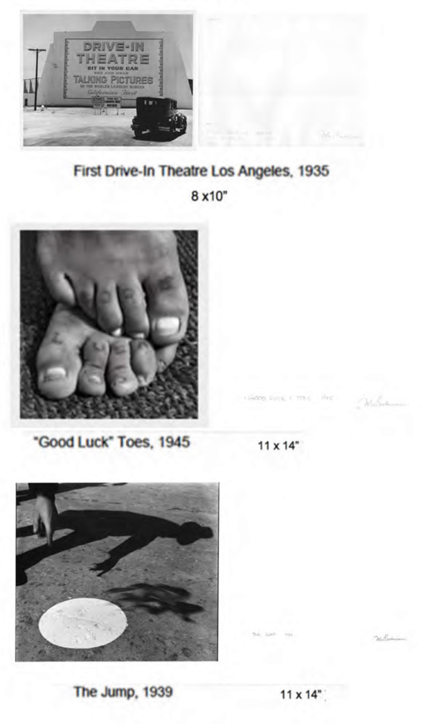 John Gutmann - Gelatin-silver Prints "First Drive-in Theater Los Angeles" "Good Luck Toes" "The Jump"